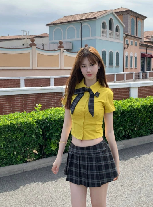 Vogue 2-Piece Set A-Line Plaid Mini Skirt Vibrant Yellow Shirt  Lapel Neck Bow Pleated Short Dress AP4057