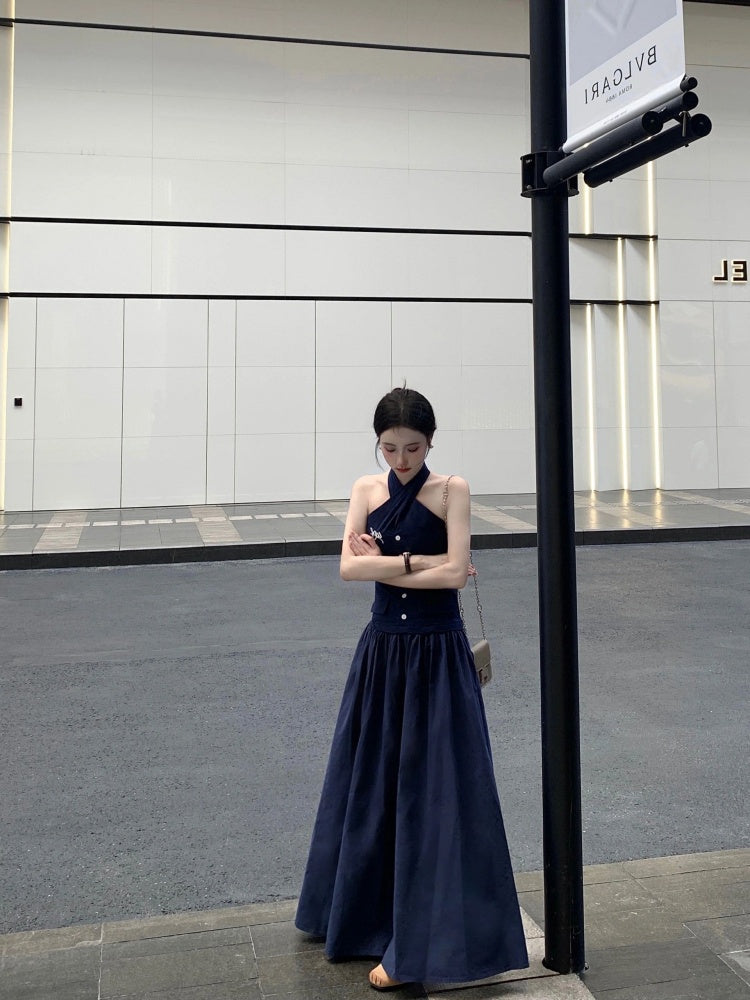 Modern A-Line Navy Blue  Maxi Dress Refined Backless Cinched-Waist Halter Long Dress AP4058