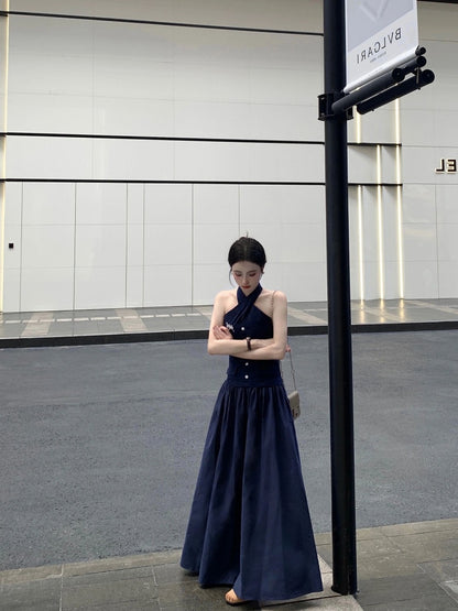 Modern A-Line Navy Blue  Maxi Dress Refined Backless Cinched-Waist Halter Long Dress AP4058