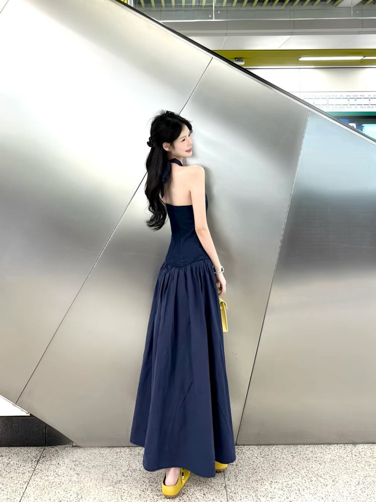 Modern A-Line Navy Blue  Maxi Dress Refined Backless Cinched-Waist Halter Long Dress AP4058