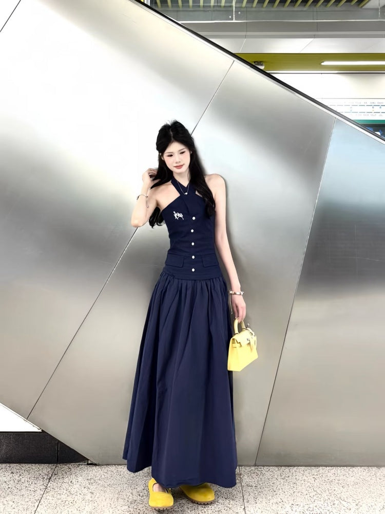 Modern A-Line Navy Blue  Maxi Dress Refined Backless Cinched-Waist Halter Long Dress AP4058