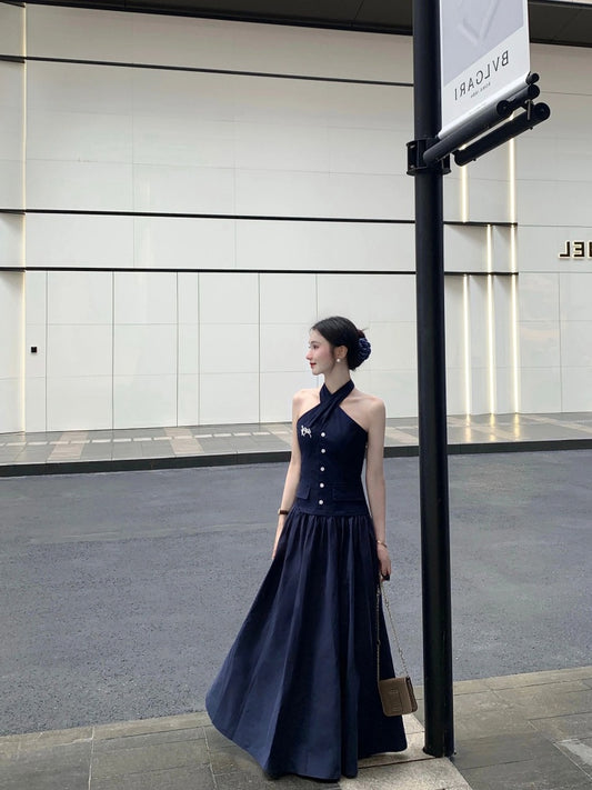 Modern A-Line Navy Blue  Maxi Dress Refined Backless Cinched-Waist Halter Long Dress AP4058