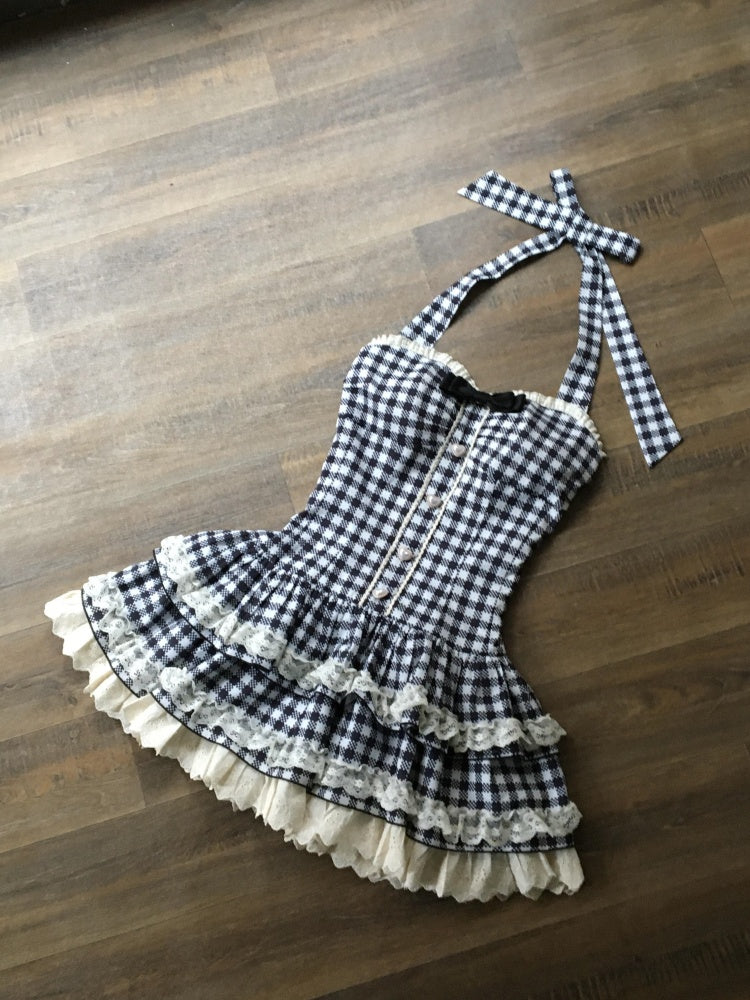 Princess A-Line Plaid Bow Beaded Mini Skirt Vogue Tiered Hem Lace Trim Halter Short Dress AP4059