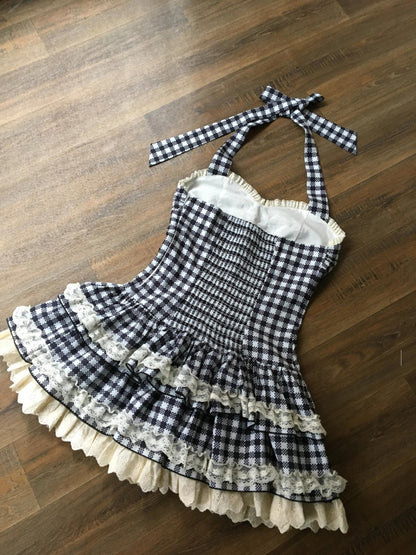Princess A-Line Plaid Bow Beaded Mini Skirt Vogue Tiered Hem Lace Trim Halter Short Dress AP4059