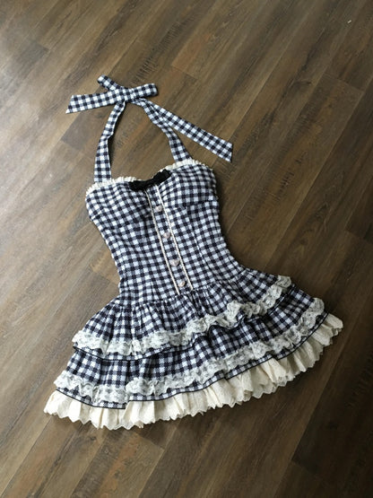 Princess A-Line Plaid Bow Beaded Mini Skirt Vogue Tiered Hem Lace Trim Halter Short Dress AP4059