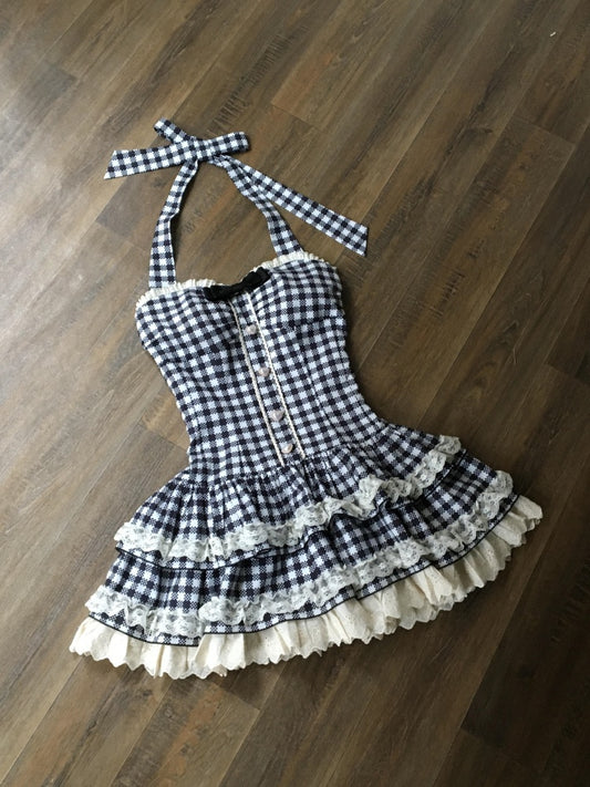Princess A-Line Plaid Bow Beaded Mini Skirt Vogue Tiered Hem Lace Trim Halter Short Dress AP4059