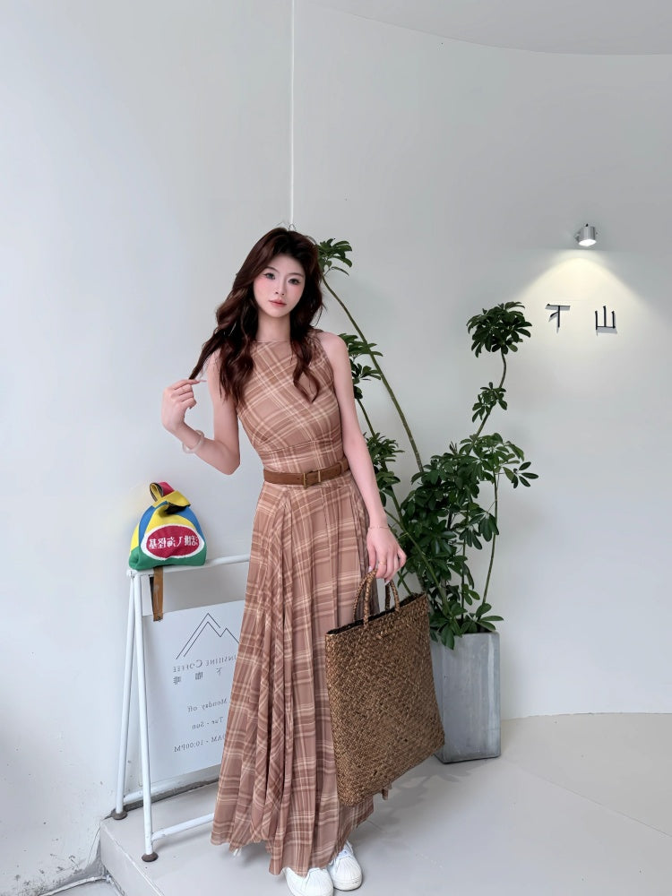 Pretty Plaid A-Line Maxi Dresses Graceful Jewel Neck Cinched-Waist Long Dress AP4060