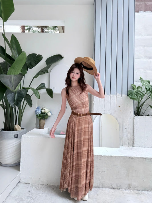 Pretty Plaid A-Line Maxi Dresses Graceful Jewel Neck Cinched-Waist Long Dress AP4060