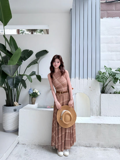 Pretty Plaid A-Line Maxi Dresses Graceful Jewel Neck Cinched-Waist Long Dress AP4060