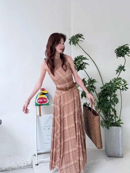 Pretty Plaid A-Line Maxi Dresses Graceful Jewel Neck Cinched-Waist Long Dress AP4060