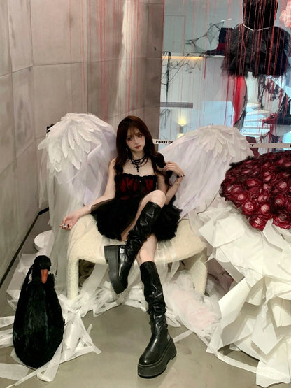 Maximalism A-Line Black Tulle Splicing Mini Skirt Gothic-Style Strapless Lace Trim Short Dress AP4061