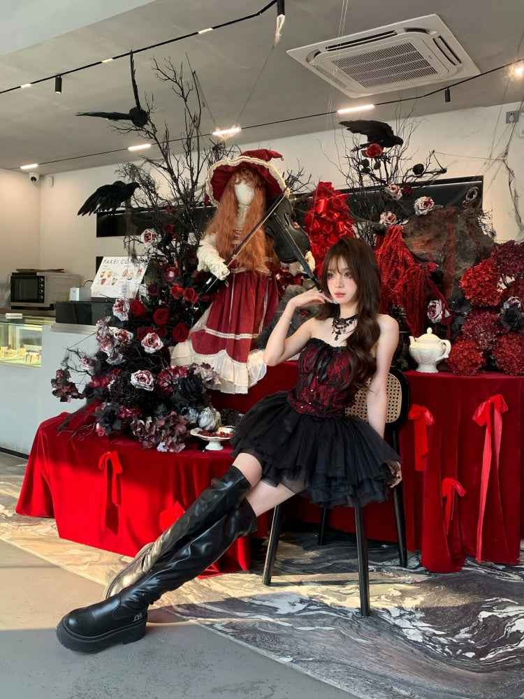 Maximalism A-Line Black Tulle Splicing Mini Skirt Gothic-Style Strapless Lace Trim Short Dress AP4061