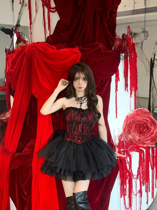 Maximalism A-Line Black Tulle Splicing Mini Skirt Gothic-Style Strapless Lace Trim Short Dress AP4061