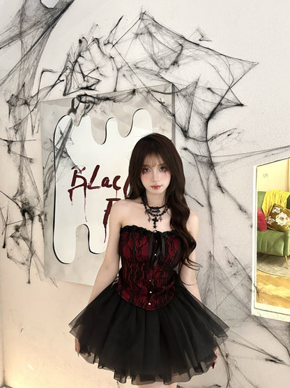 Maximalism A-Line Black Tulle Splicing Mini Skirt Gothic-Style Strapless Lace Trim Short Dress AP4061