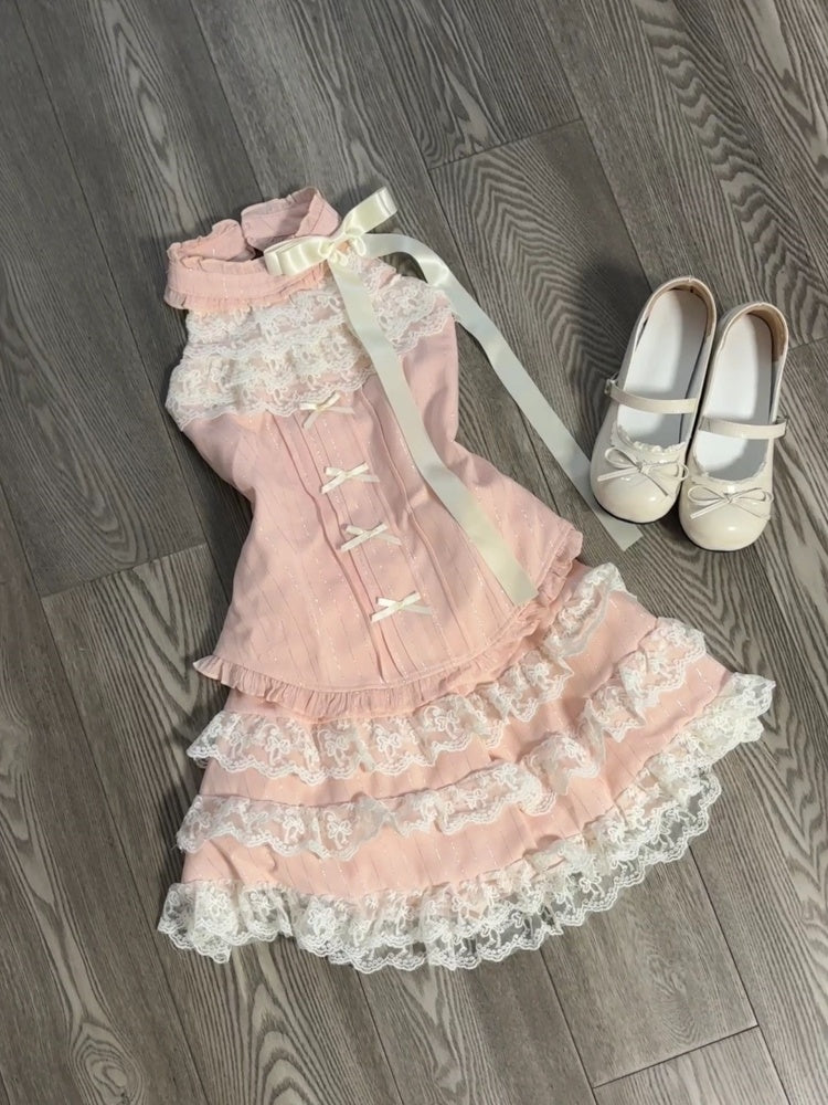 Fancy A-Line Pink Jewel Neck Mini Skirt Romantic Lace Trim Tiered Bows Short Dress AP4062