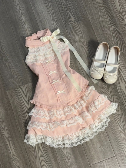 Fancy A-Line Pink Jewel Neck Mini Skirt Romantic Lace Trim Tiered Bows Short Dress AP4062