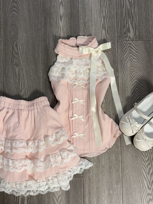 Fancy A-Line Pink Jewel Neck Mini Skirt Romantic Lace Trim Tiered Bows Short Dress AP4062