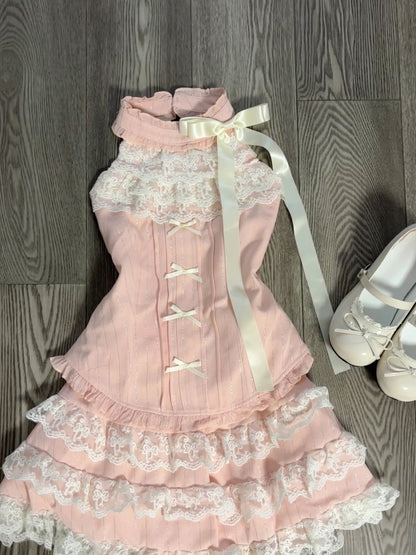 Fancy A-Line Pink Jewel Neck Mini Skirt Romantic Lace Trim Tiered Bows Short Dress AP4062