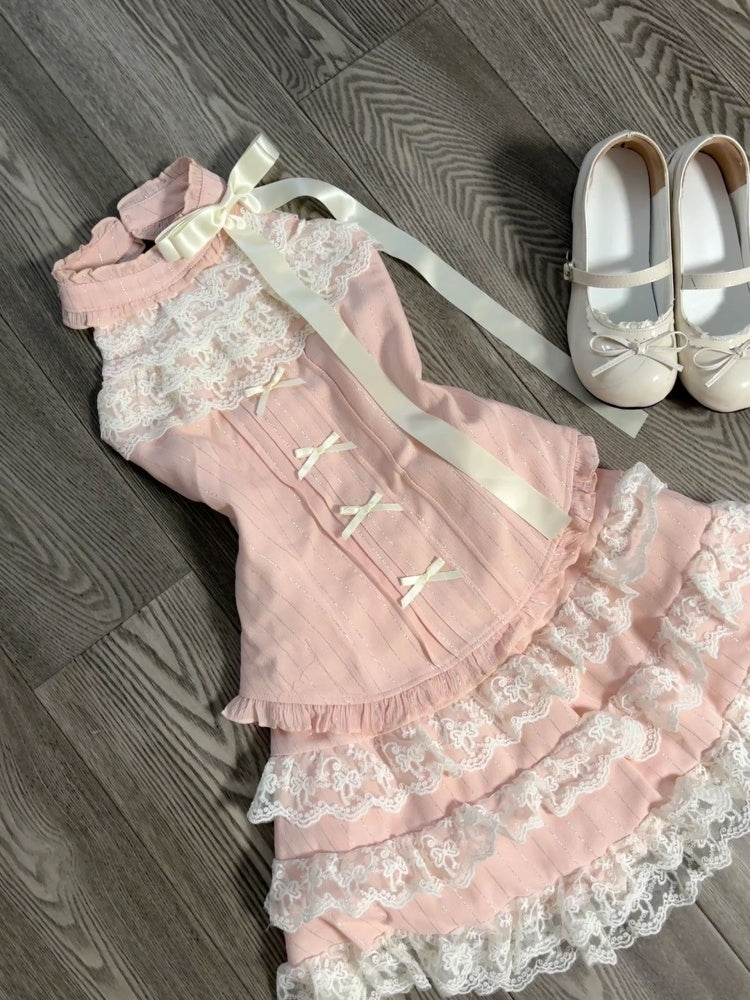 Fancy A-Line Pink Jewel Neck Mini Skirt Romantic Lace Trim Tiered Bows Short Dress AP4062