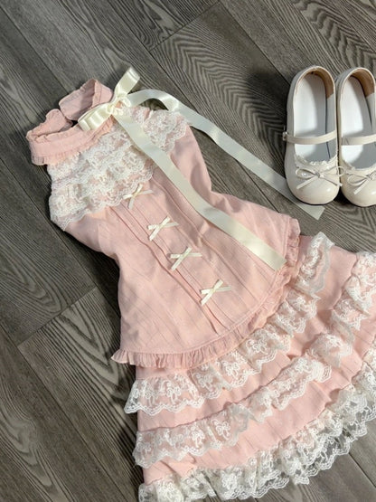 Fancy A-Line Pink Jewel Neck Mini Skirt Romantic Lace Trim Tiered Bows Short Dress AP4062