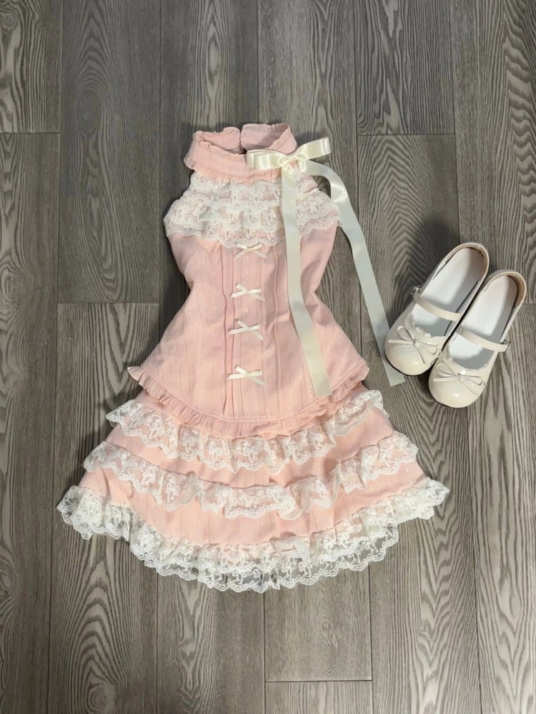 Fancy A-Line Pink Jewel Neck Mini Skirt Romantic Lace Trim Tiered Bows Short Dress AP4062