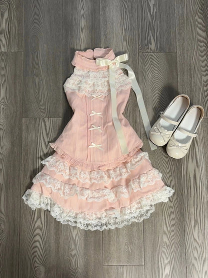 Fancy A-Line Pink Jewel Neck Mini Skirt Romantic Lace Trim Tiered Bows Short Dress AP4062