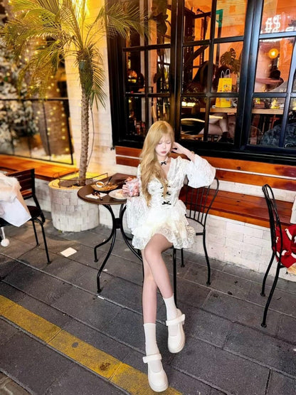 Delicate V Neck Flared Long Sleeve Mini Skirt Charming Bows Lace White A-Line Short Dress AP4063