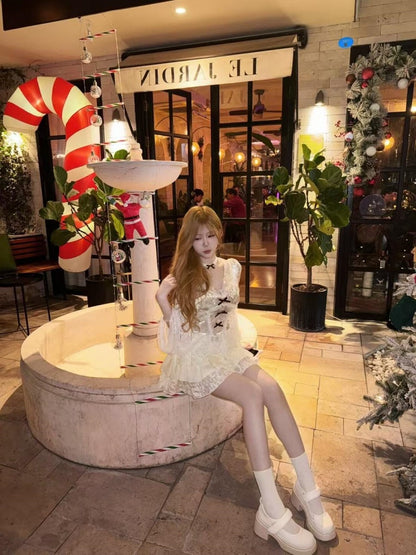 Delicate V Neck Flared Long Sleeve Mini Skirt Charming Bows Lace White A-Line Short Dress AP4063