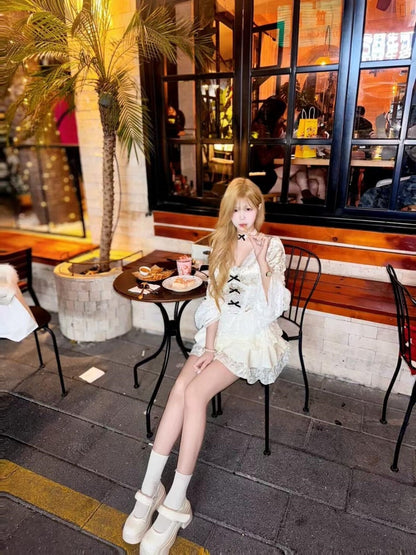 Delicate V Neck Flared Long Sleeve Mini Skirt Charming Bows Lace White A-Line Short Dress AP4063