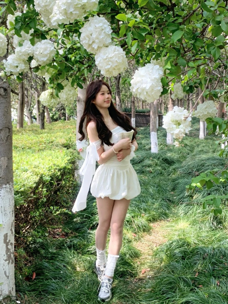 Hot Girls Off-Shoulder White Mini Skirt Graceful A-Line Cinched-Waist Short Dress AP4064