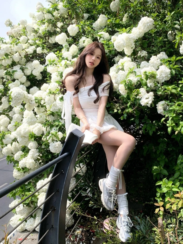 Hot Girls Off-Shoulder White Mini Skirt Graceful A-Line Cinched-Waist Short Dress AP4064
