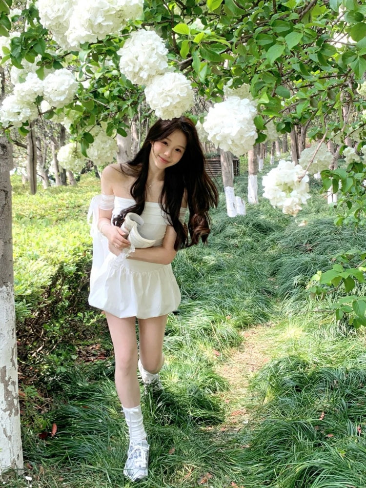 Hot Girls Off-Shoulder White Mini Skirt Graceful A-Line Cinched-Waist Short Dress AP4064