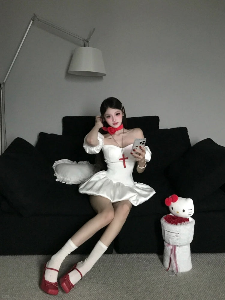 Gen Z Style White Off-Shoulder Mini Skirt Puffy Cinched-Waist A-Line Short Dress AP4065