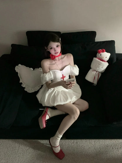 Gen Z Style White Off-Shoulder Mini Skirt Puffy Cinched-Waist A-Line Short Dress AP4065