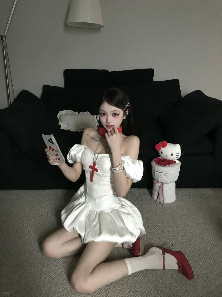 Gen Z Style White Off-Shoulder Mini Skirt Puffy Cinched-Waist A-Line Short Dress AP4065