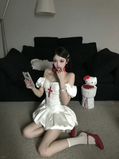 Gen Z Style White Off-Shoulder Mini Skirt Puffy Cinched-Waist A-Line Short Dress AP4065