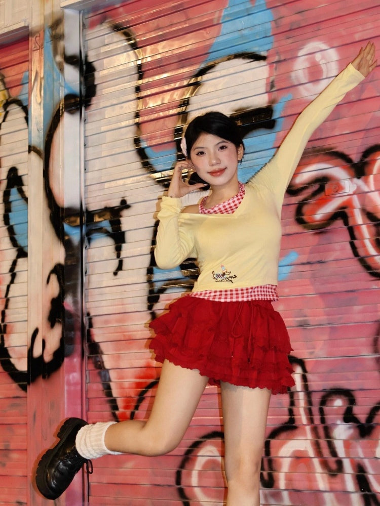 Hottie A-Line 2-Piece Set Long Sleeve Mini Skirt Charming Plaid Splicing Tiered Halter Short Dress AP4066