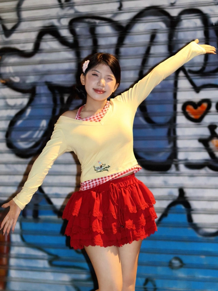 Hottie A-Line 2-Piece Set Long Sleeve Mini Skirt Charming Plaid Splicing Tiered Halter Short Dress AP4066