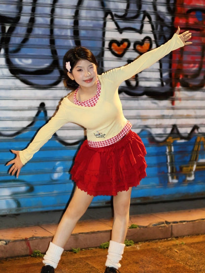 Hottie A-Line 2-Piece Set Long Sleeve Mini Skirt Charming Plaid Splicing Tiered Halter Short Dress AP4066