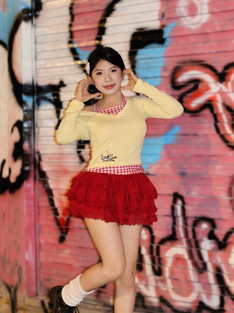 Hottie A-Line 2-Piece Set Long Sleeve Mini Skirt Charming Plaid Splicing Tiered Halter Short Dress AP4066