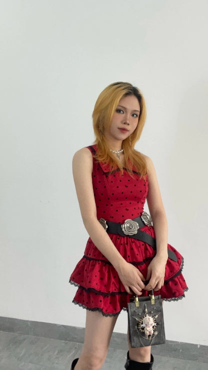 Casual V Neck A-Line Red Mini Skirt Sexy Cinched-Waist Tiered Polka Dots Short Dress AP4067