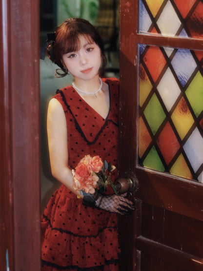 Casual V Neck A-Line Red Mini Skirt Sexy Cinched-Waist Tiered Polka Dots Short Dress AP4067