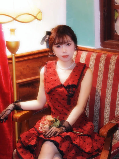 Casual V Neck A-Line Red Mini Skirt Sexy Cinched-Waist Tiered Polka Dots Short Dress AP4067