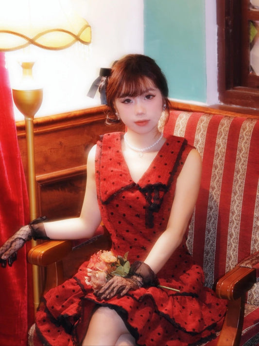 Casual V Neck A-Line Red Mini Skirt Sexy Cinched-Waist Tiered Polka Dots Short Dress AP4067