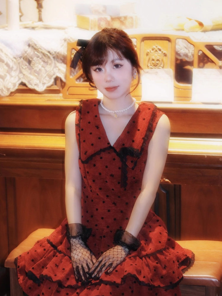 Casual V Neck A-Line Red Mini Skirt Sexy Cinched-Waist Tiered Polka Dots Short Dress AP4067