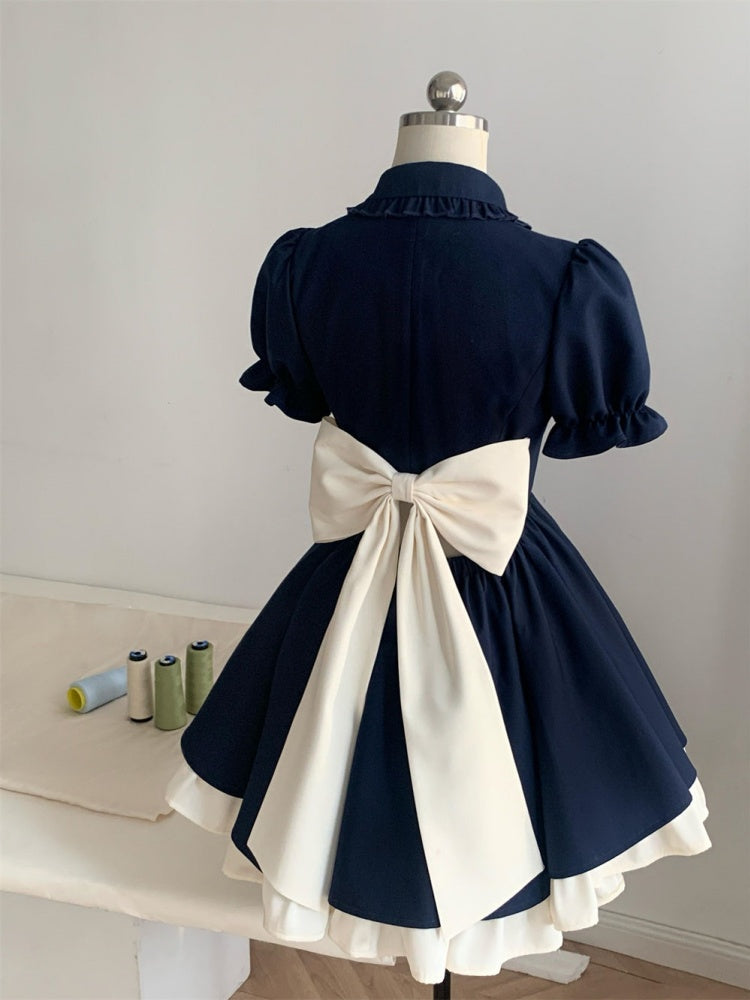 Y2K Style A-Line Blue Ruffles Hem Mini Skirt Vogue V Neck Short Sleeve Cutout Bow Short Dress AP4068