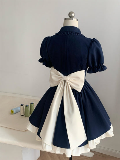 Y2K Style A-Line Blue Ruffles Hem Mini Skirt Vogue V Neck Short Sleeve Cutout Bow Short Dress AP4068