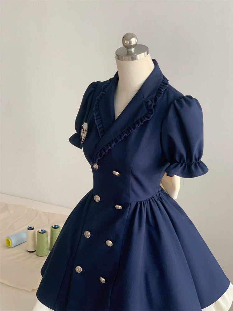 Y2K Style A-Line Blue Ruffles Hem Mini Skirt Vogue V Neck Short Sleeve Cutout Bow Short Dress AP4068