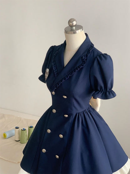 Y2K Style A-Line Blue Ruffles Hem Mini Skirt Vogue V Neck Short Sleeve Cutout Bow Short Dress AP4068