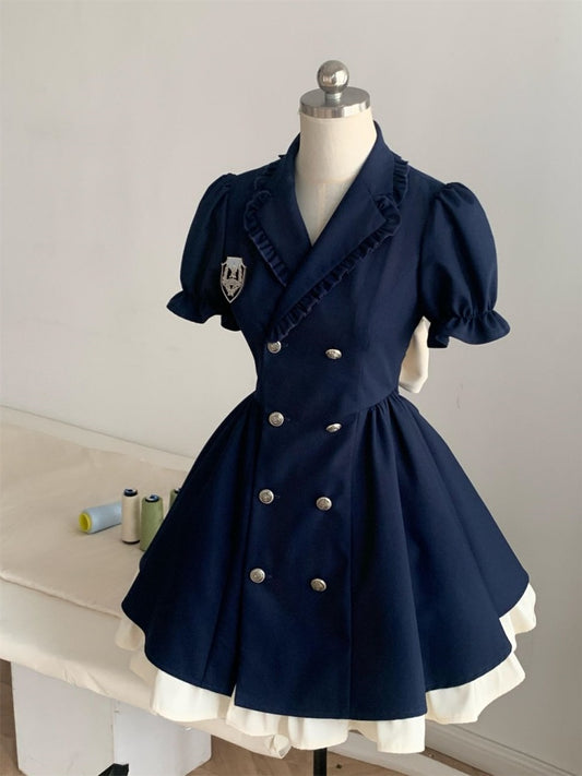 Y2K Style A-Line Blue Ruffles Hem Mini Skirt Vogue V Neck Short Sleeve Cutout Bow Short Dress AP4068